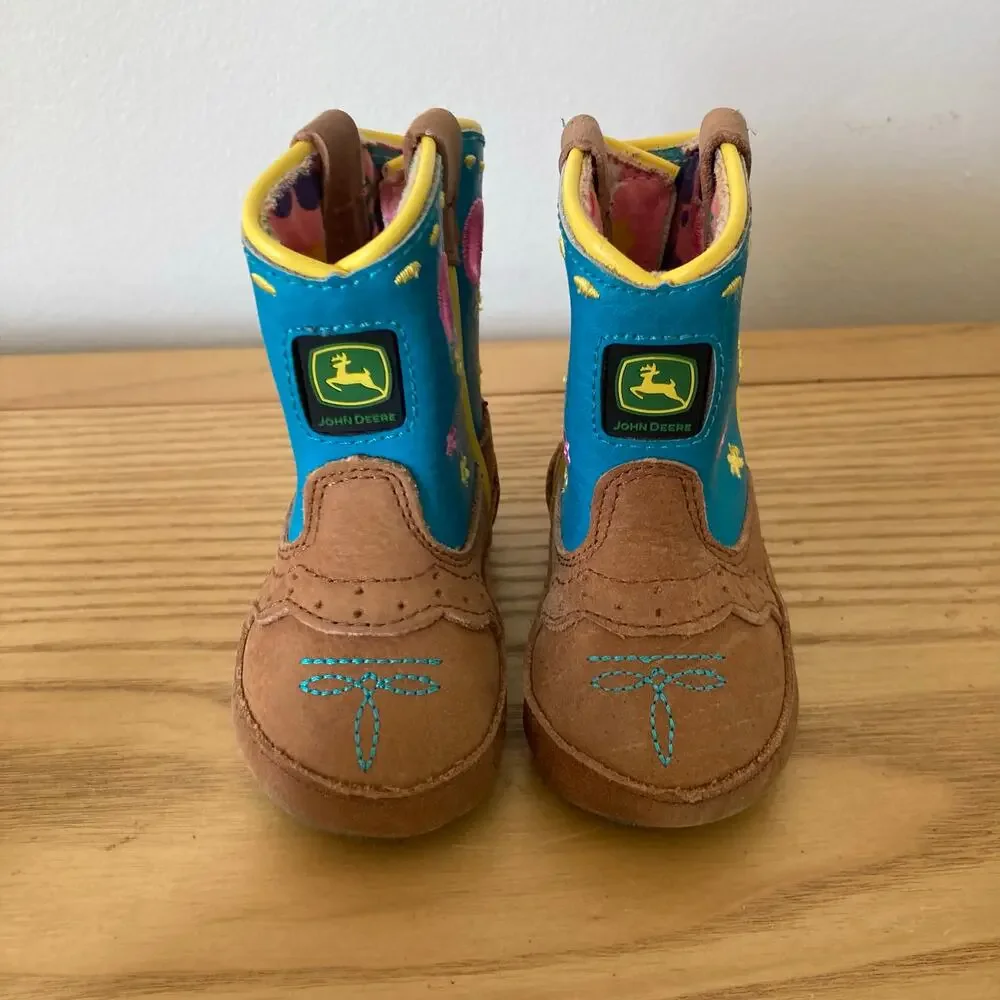 John Deere Infant Baby 1M Girls Leather Crib Boots Blue Floral Pink Soft Soles